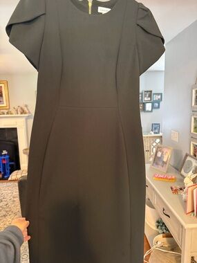 Calvin Klein Black Midi Dress with Puff Cap Sleeves